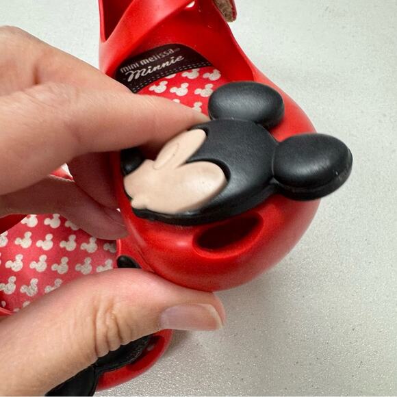 Mini Melissa Red Mickey & Minnie Mouse Kissing Rubber Shoes Baby 7 Dressy Wedge - Picture 8 of 8